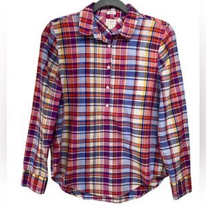 J Crew Factory Popover Red Pink Plaid Long Sleeve Blouse Boy Fit Womens Small